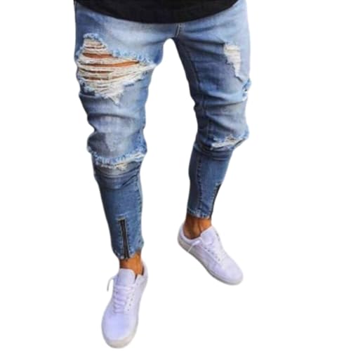 Jeans Pants Trouser Denim Ripped Street Trendy Washed Blue Ankle Zipper Personalized Small Leg for Men