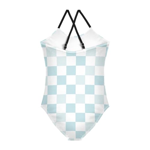 White Blue Girls One Piece Swimsuits Checkerboard Sport Halter Swimwear Beach Bathing Suit 9-10T2