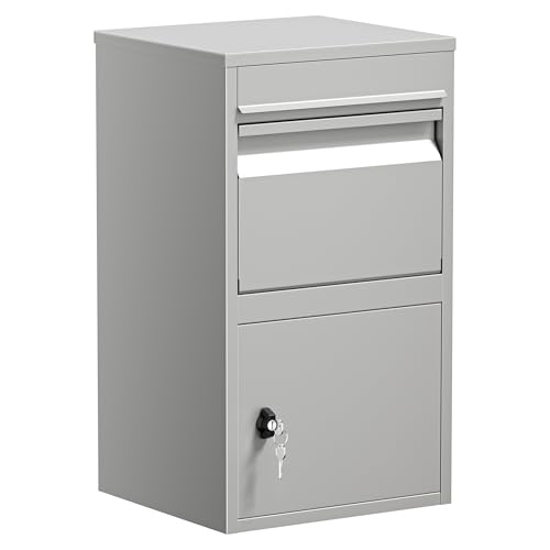 Wiltec Paketkasten grau 410 x 380 x 720 mm Paketbox aus Stahl mit Pulverbeschichtung abschließbarer Standbriefkasten für Paketannahme zu Hause Zustellung von Paket, Post, Brief