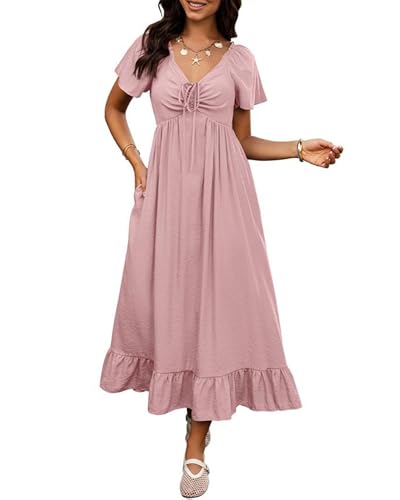 Image of BTFBM Womens Summer Dresses 2026 Casual Short Sleeve V Neck Drawstring Wedding Guest Maxi Dresses Boho Beach Long Dress