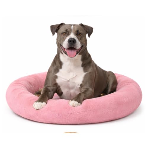 Image of Small Pink Donut Pet Bed for Cats & Kittens - Colorful Round Plush Cushion Nest for Indoor Pets, Washable Furry Lounger Sofa with Non-Slip Base