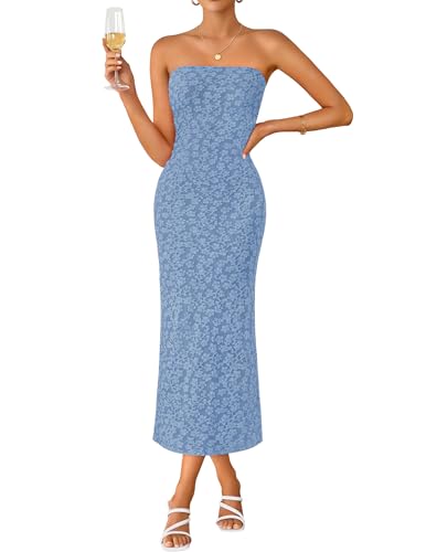 Image of ZESICA Women's 2026 Summer Floral Strapless Bodycon Midi Dress Off Shoulder Beach Formal Cocktail Wedding Guest Long Dresses