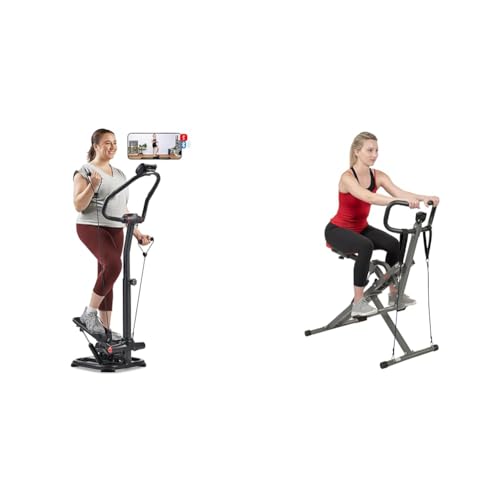 Sunny Health and Fitness Row-N-Ride™ Pro Squat Assist Trainer, Rowing Machine + 2-in-1 Power Stepper with Resistant Bands & Handlebar, Height Adjustable, 330 LB MAX