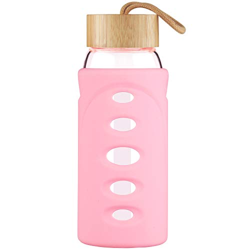 Justfwater Botella de Agua de Borosilicato de 750ml, Botella de Agua de Vidrio con Funda de Silicona y Tapa de Bambú