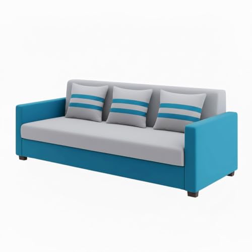 Image of FURNY Lifestylio 3 Seater Fabric Sofa Set (Light Grey-Aqua Blue) Premium Velvet Finish | Ideal for Living Rooms, Offices