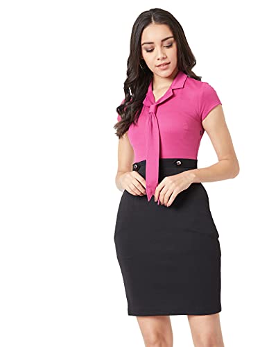 Image of Miss Chase Women's Magenta & Black Collared Short Sleeves Solid Bodycon Mini Dress