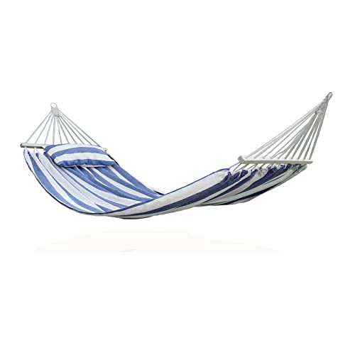 HENG FENG Hamac en Toile de Coton 220 * 150 cm avec tiges en Bois de 80 CM et Oreiller Portable pour Jardins intérieurs et extérieurs Camping Bleu et Blanc Cover