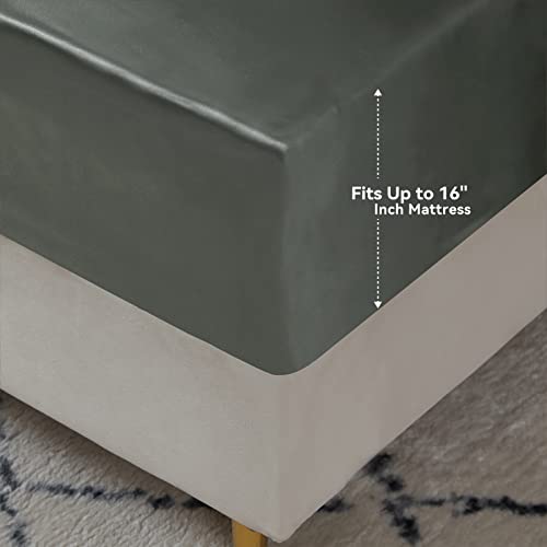 Yiyea Twin Satin Fitted Sheet With Pillowcase, Ultra Soft 16" Deep Pocket Silk Satin Fitted Bottom Sheet, Wrinkle Free, Non-Fading, Breathable, Fully Elasticized - Twin Size, Grey #TOP4