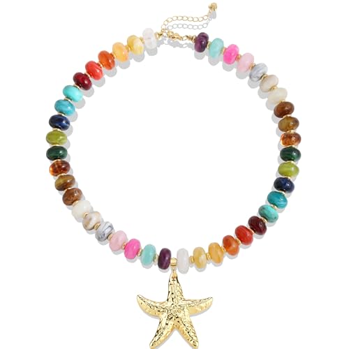 Aohik Small Handmade Bead Choker Necklace for Women, Chunky Colorful Beaded Necklace with Pendant for Summer Beach Jewelry Gifts (Starfish)