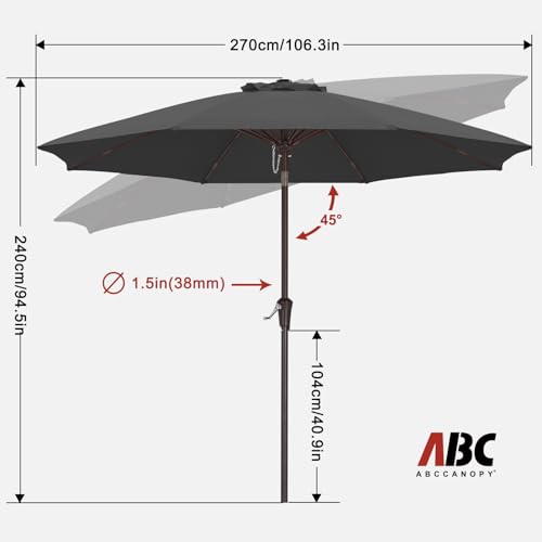 Image of ABCCANOPY 9FT Patio Umbrella Outdoor 8 Ribs Table Umbrella(Dark Gray) | Fade & UV Resistant Fabric,8 Fiberglass Ribs,Smooth Crank System,Wind Resistance,Great for Patio,Backyard,Garden,Deck