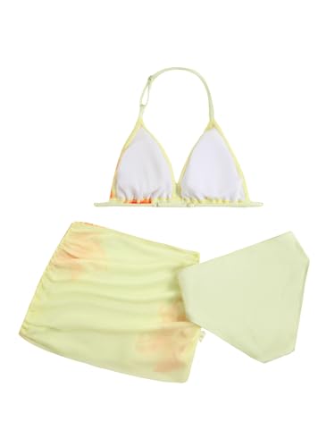 Image of RoseSeek Girl's 3 Piece Cute Bowknot Bathing Suit Halter Triangle High Waisted Swimsuit with Beach Cover Up Skirt