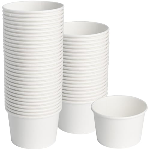 ESSENTIAL Paper Ice Cream Cups 50pcs 8oz Disposable Dessert Bowls for Hot or Cold Food Lids Not Included Paper Snack Containers for Sundae Frozen Yogurt Soup (White)