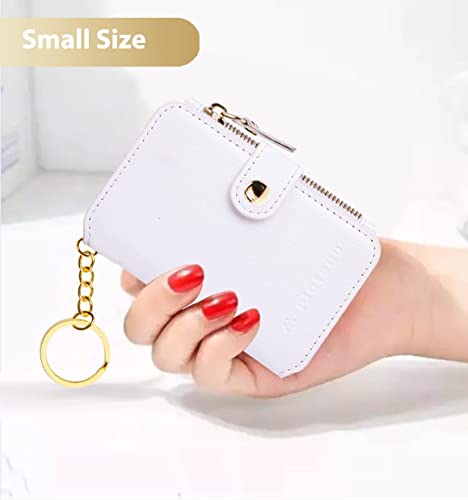 Image of M-Plateau RFID Blocking Slim Keychain Wallet for Women | Mini Card Holder with ID Window, Zipper Pocket, 6 Card Slots, Compact for Cash & Cards (White)
