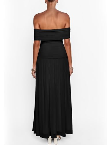 MASCOMODA Women Off The Shoulder Mesh Maxi Dress Bodycon Ruched Formal Sleeveless Pleated Cocktail Wedding Guest Long Dresses3