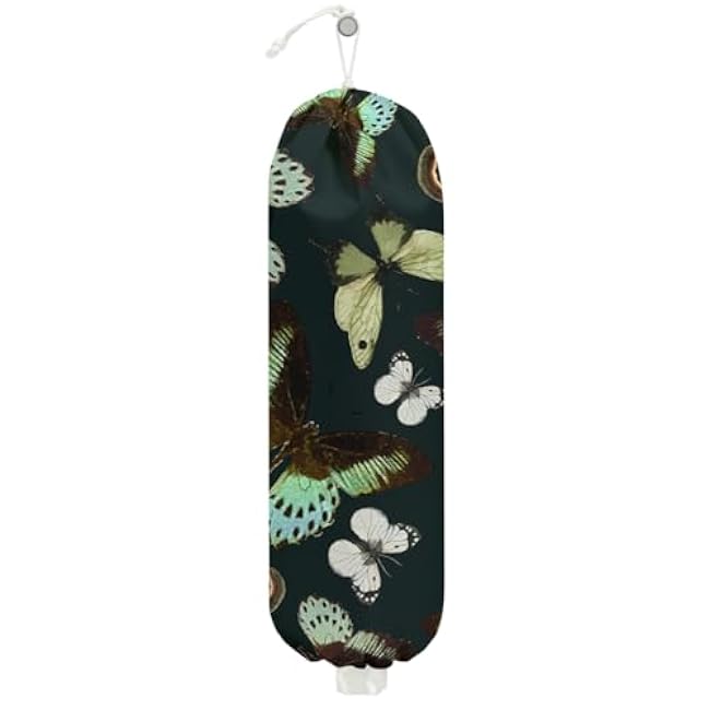 Wildflowers Butterfly Plastic Bag Holder, Wall Mount Grocery Bag Holder, Plastic Storage bag, Pull Rope Free Adjustment, Plastic Bag Holders for Grocery Bags, Plastic Bag Dispenser for Kitchen