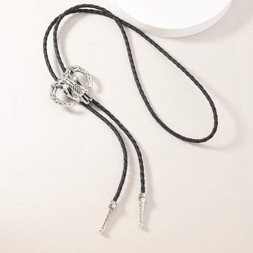 Image of Joxevyia Bolo Tie for Men Vintage Cow Skull Leather Rope Western Cowboy Necktie Vintage Bola Tie Gift for Him