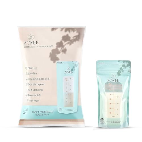 Image of Zomee Breast Milk Storage Bags 8oz – Leakproof Double-Zip Seal, Self-Standing, Easy-Pour Design, Freezer Safe, Pre-Sterilized, BPA & Phthalate Free – Bulk Pack of 100