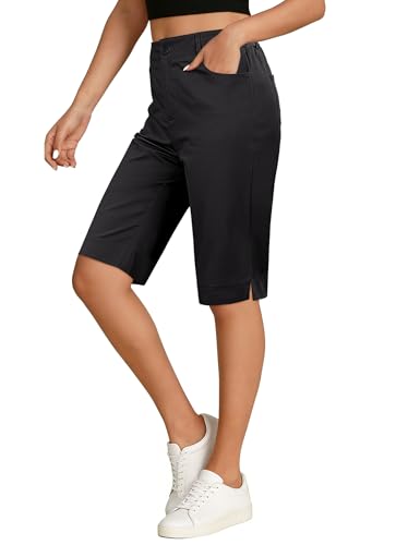 luvamia Casual Outfits for Women Womens Summer Shorts Cute Outfits for Women Womens Black Shorts Bermuda Elastic Waist Summer Stretchy Knee Length Side Split Dressy Long Chino Black Large