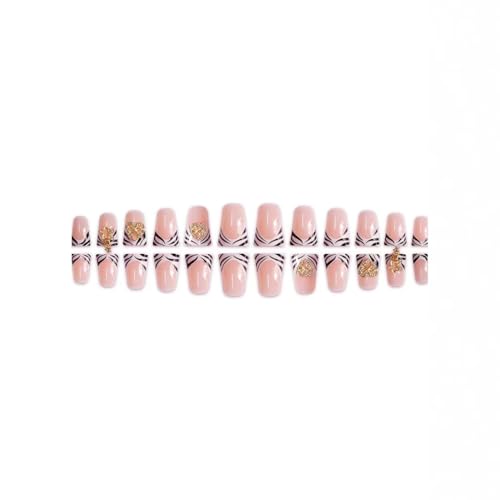 Image of Black White Nail Press ons French Tip Fake Nails Heart Star with Design Duck Glue on Nails Stripe False Nails Glossy Reusable Artificial Acrylic Full Cover Stick on Nails for Women Manicure 24Pcs