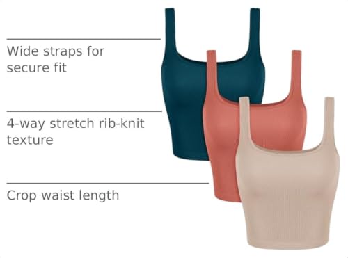 Image of ODODOS 3-Pack Seamless Square Neck Crop Tank for Women Ribbed Knit Soft Low Back Cropped Tops