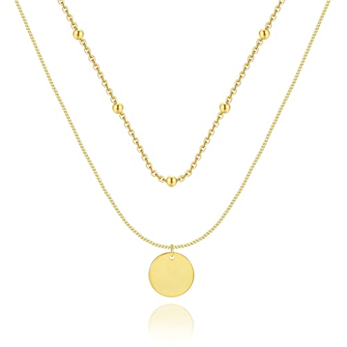 Colgante de mujer original de doble cadena con bolitas y un medallón circular plano. Cadena de plata para mujer, niña ideal para regalo del día de la madre, cumpleaños, aniversario. Joyeria mujeres