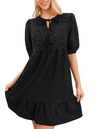 Allegra K Damen Minikleid Bestickt mit Lochstickerei Puffärmeln Rüschensaum Kurze Sommer Kleid Schwarz L