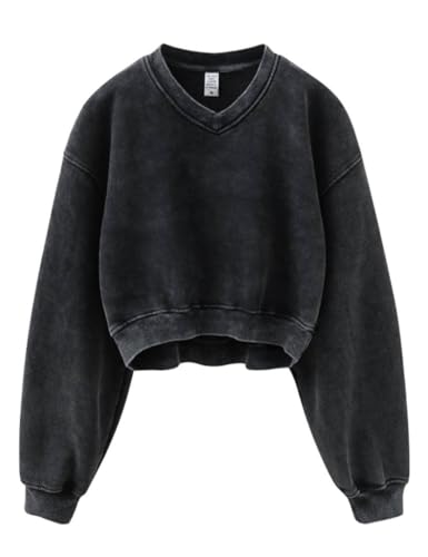 Hatant Sweatshirt for Women Acid Wash Athletic Hoodies Heritage Fleece V-neck Long Sleeve Hoodie Y2K Crop Pullover Women Sweatshirt Cotton Fleece Lined Hoodies Workout Pullover Shirt Black-S