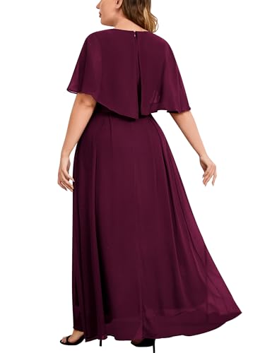Knitee Women'S Plus Size Half Sleeves Cape Dress Lace Chiffon V Neck Evening Party Maxi Dress A-Wine thumb #1