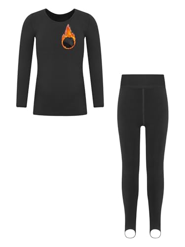 easyforever Kid Girl Thermal Underwear Set Dancewear Long Johns Tops With Leggings For Ballet Gymnastics Training Performance B Black 7-10 Years