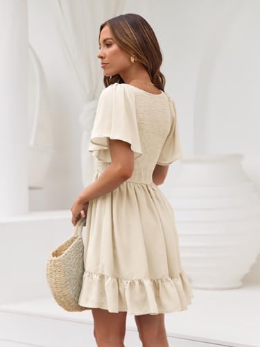 Image of LILLUSORY Women's Flowy Casual Mini Dresses 2026 Summer Graduation Smocked V Neck Vacation Dress Dress with Pockets