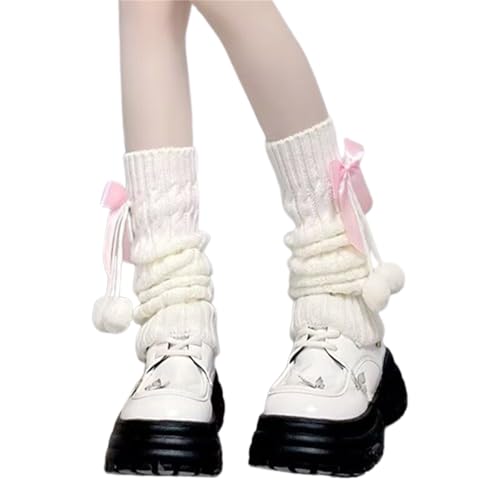 Kajoeiae White Leg Warmers with Bow and Fur Balls, Y2K Rib Knit Boot Socks, Harajuku Cutecore Leg Warmers for Women (Pink, One Size)