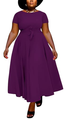 Image of BFFBABY Plus Size Dress A Line Dresses for Women Summer Long Dresses with Sleeve Casual Belted