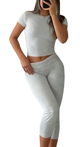 YETOWA Womens 2 Piece Workout Sets High Waisted Tummy Control Crop Top Capri Leggings Stretchy Soft Activewear
