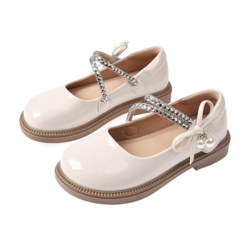 Kids Girls Rhinestone Strap Mary Jane Flats Back to School Dress Shoes with Bow, Black and White