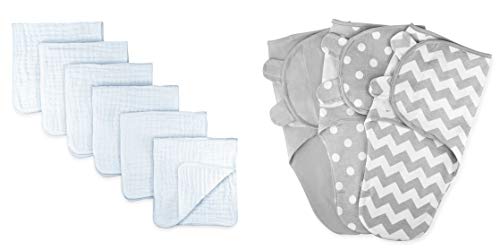 Comfy Cubs Muslin Burp Cloths & Swaddle 3 Pack (Grey, Small- Medium) Bundle