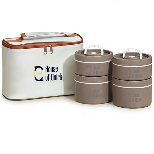 Image of House of Quirk 304 Stainless Steel Bento Lunch Box for Adults, 4 Stackable Containers with Insulated Thermal Case, Microwave Safe & Portable (Brown)