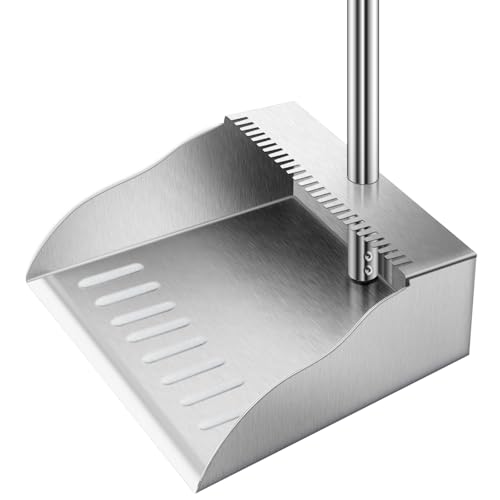 Metal Dust Pans with Long Handle Heavy Duty Dust Pan with Handle Upright Stand Up Dustpan with Dust Pan Teeth to Clean Hair for Home Kitchen Office Lobby Floor Garden