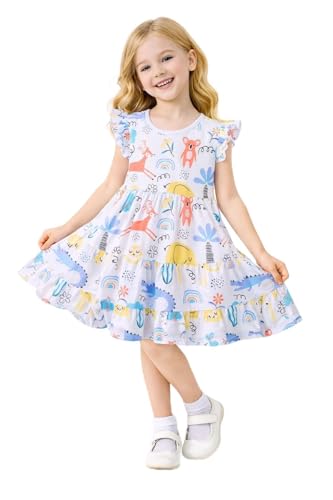 Image of HILEELANG Girls Cotton Tiered Dress Flutter Ruffle Sleeve Summer Swing Sundress Birthday Party Casual Outfit Colorblock 2-12Y