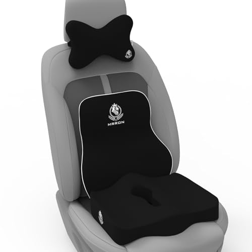 Image of MRRON Memory Foam Car Seat Cushion Combo - Backrest, Coccyx Cushion & Neckrest - Orthopedic Support for Back, Sciatica & Neck Pain - Ergonomic Comfort for Car, Office. (Black, Long Back)