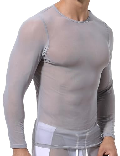 SEAUR Mens Sheer Mesh T Shirt See Through Long Sleeves Muscle Tee Tops Breathable Transparent Workout Undershirt Clubwear