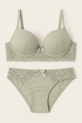 Image of Women's Elegant Lace Trim Padded Lingerie Set with Bow Detail, Push-Up Bra and Matching Panty, Available in six Colours