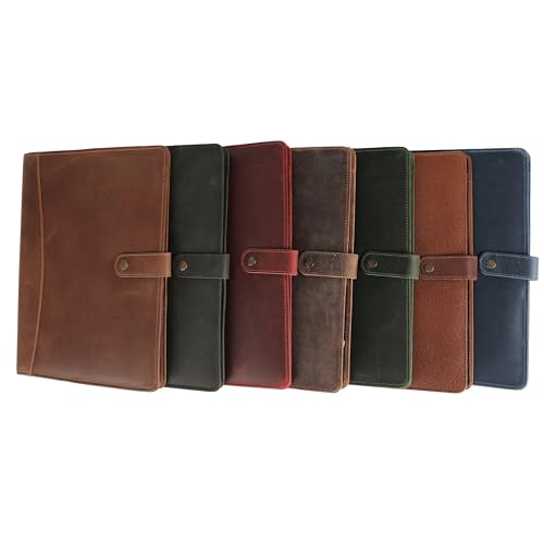 Image of KomalC Leather Portfolio Folder with Button Closure | Business Padfolio for Professionals | Vintage Organizer with Legal Pad Holder, Card Slots & Document Pockets (Green)