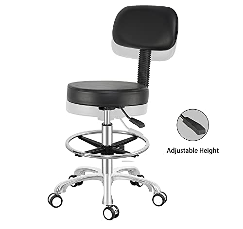 Image of Antlu Rolling Adjustable Stool Drafting Chair for Office Shop Kitchen Medical Salon,Swivel Stool with Wheels and Back (Black, with Foot Ring)