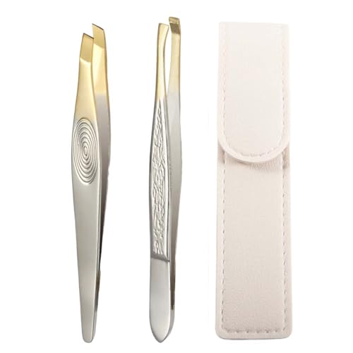MKEAWWU Wimpernzange Profi-Set, 1 Lederetui + 2 Pinzetten (flach & schräg), halbvergoldet, 9cm lang, Edelstahl