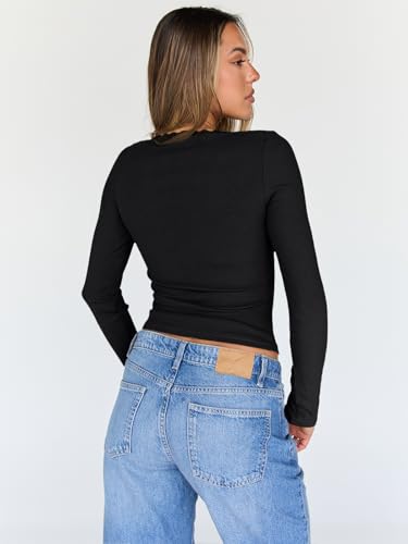 Trendy Queen Womens Long Sleeve Shirts Crop Square Neck Ribbed Tops Basic Slim Fit Y2K Fall Winter Clothes Outfits 20254