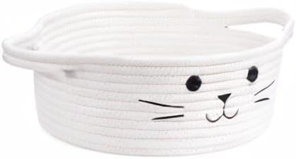 HiChen Small Woven Basket, Cute Cat Toy Basket for Living Room, Decorative Nursery Bin for Toys, Diapers, Empty Gift Baskets for Baby, White, 9.8 x 4 inches