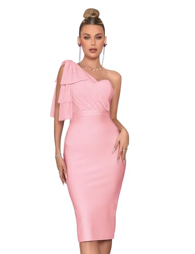 Image of Mesh One Shoulder Bow Bodycon Midi Graduation Birthday Dinner Dress Bandage Party Dress