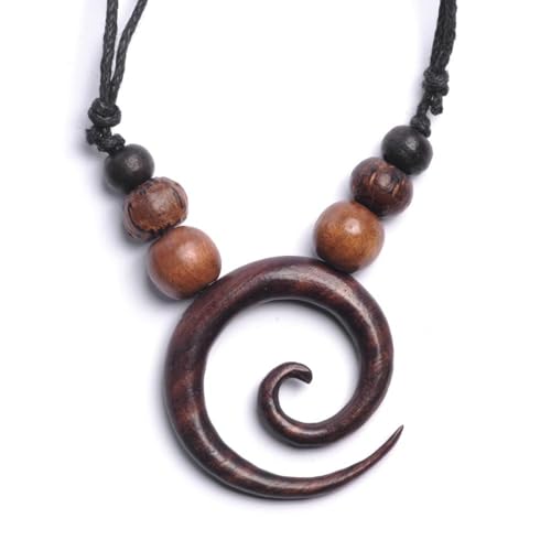 Pendentif en spirale ronde en bois marron et collier ras du cou noir