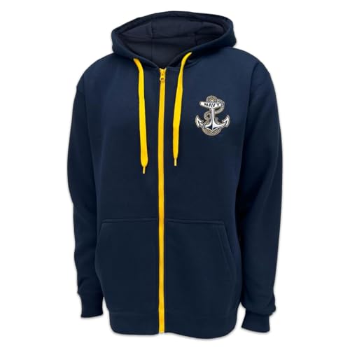 Armed Forces Gear US Navy Anchor Embroidered Fleece Full Zip Hooded Sweatshirt (Navy)
