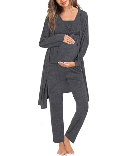 Image of SWOMOG Maternity Nursing Robe Set 3 Piece Breastfeeding Pajamas 3 in 1 Labor Delivery Sleevless Tops&Long Pants Pregnancy Pjs